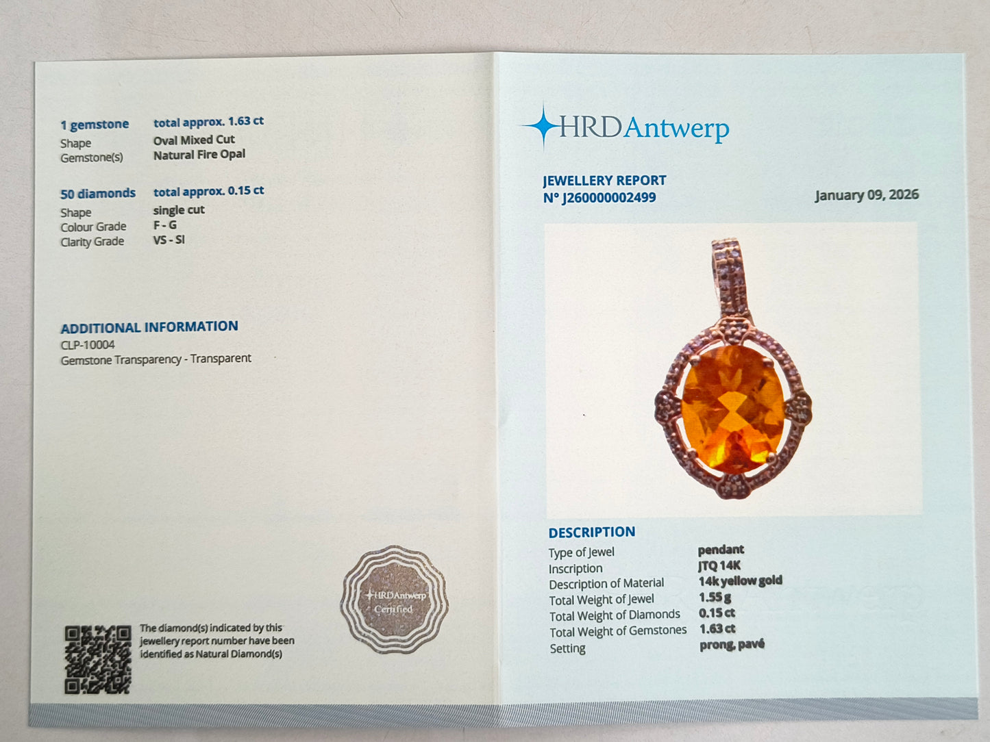 1.78 Ct Oval Mixed Cut Natural Fire Opal 14K Gold Pendant