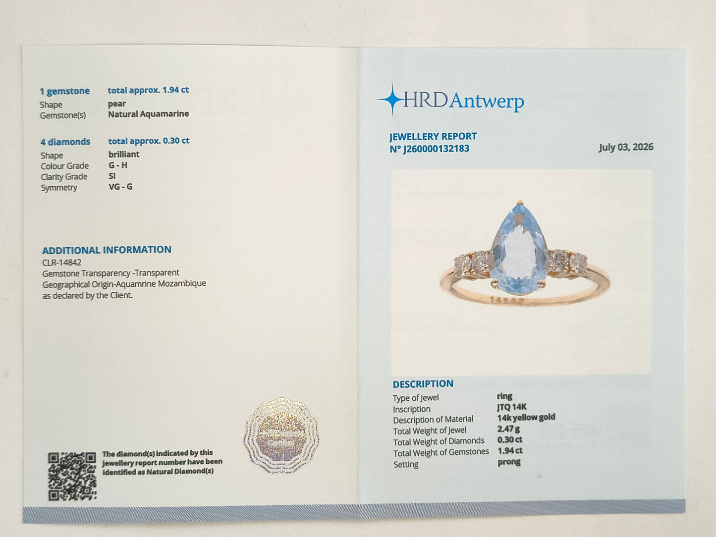2.24 Ct Pear Natural Aquamarine 14K Gold Ring