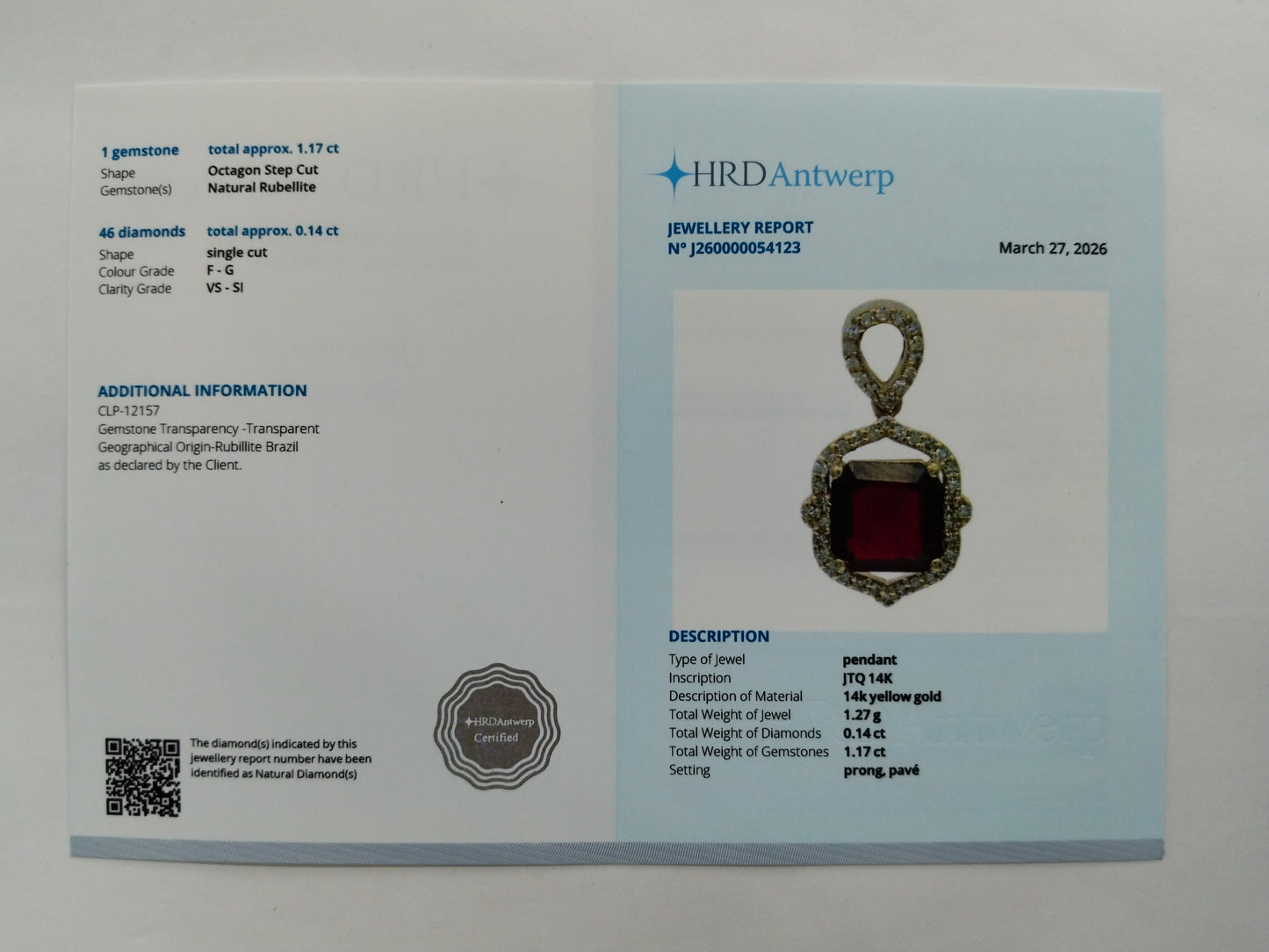 1.31 Ct Octagon Step Cut Natural Rubellite 14K Gold Pendant