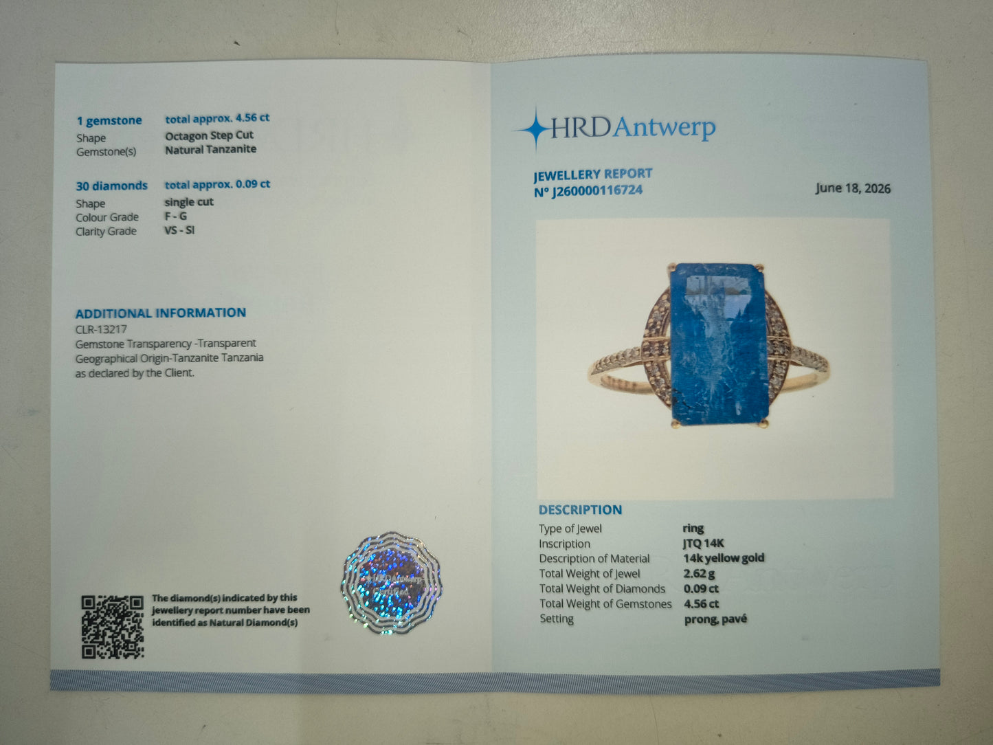 4.65 Ct Octagon Step Cut Natural Tanzanite 14K Gold Ring