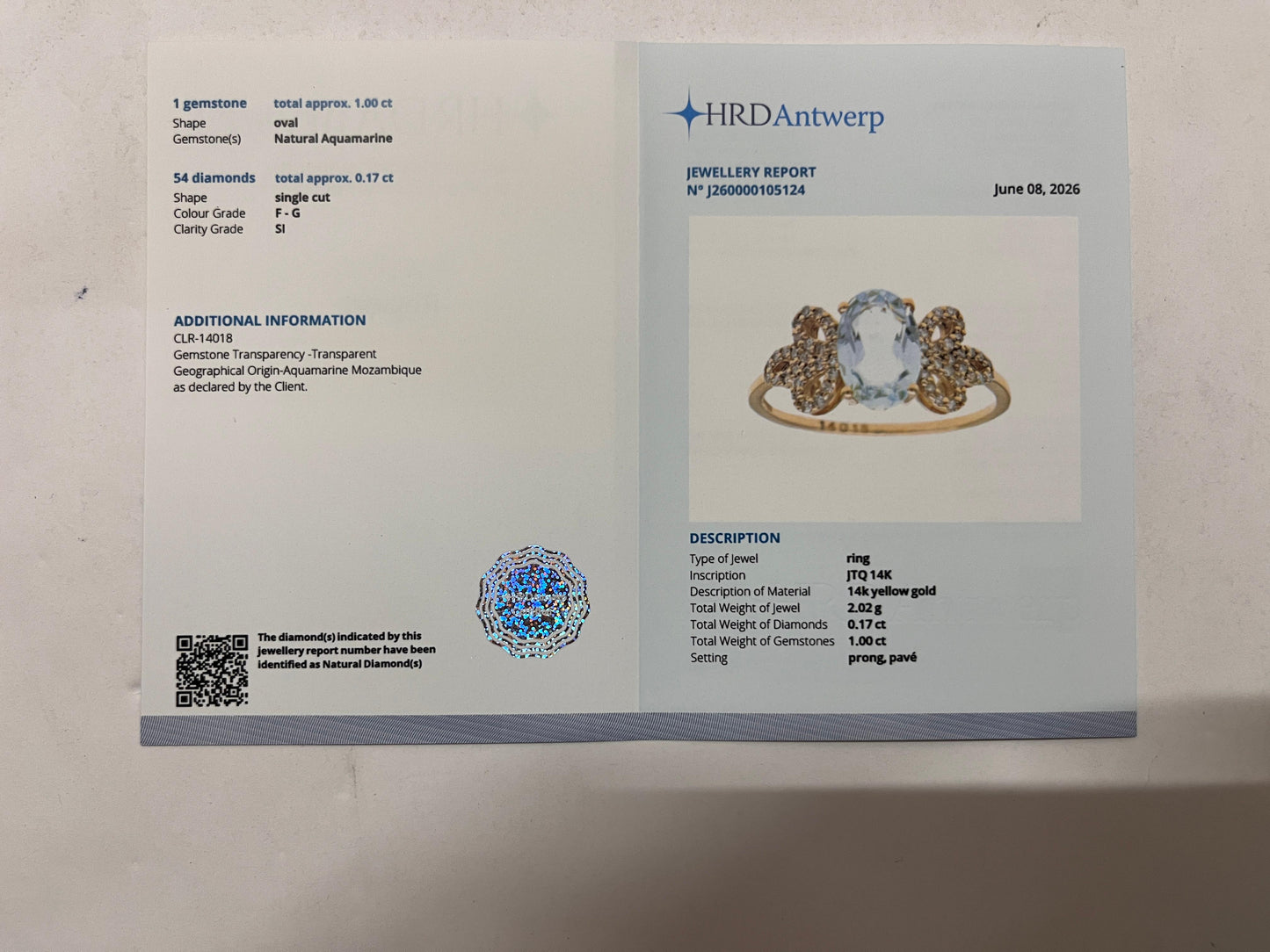1.17 Ct Oval Mixed Cut Natural Aquamarine 14K Gold Ring
