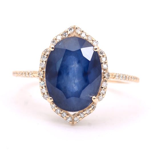 5.90 Ct Oval Mixed Cut Natural Sapphire 14K Gold Ring
