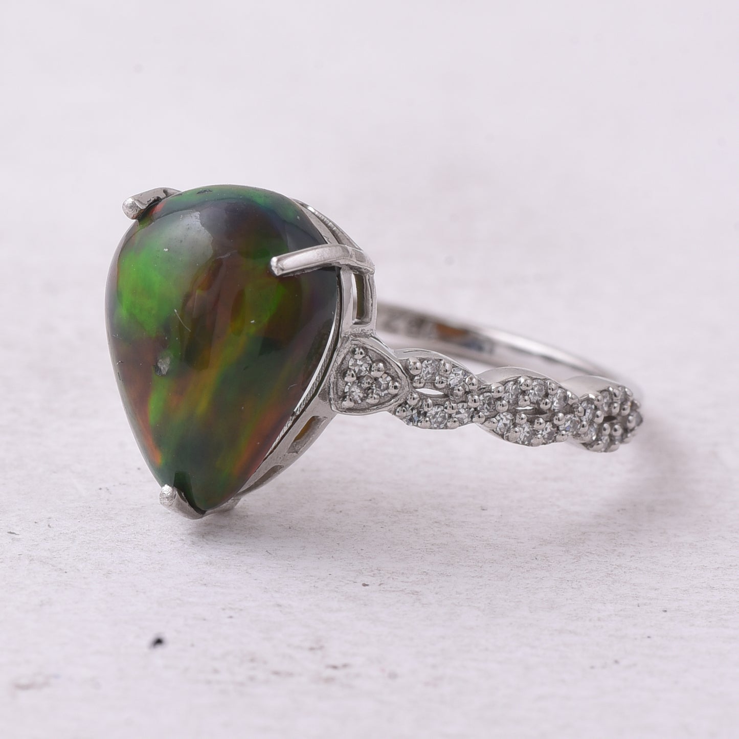 3.19 Ct Pear Cabochon Natural Black Opal 950 Platinum Ring