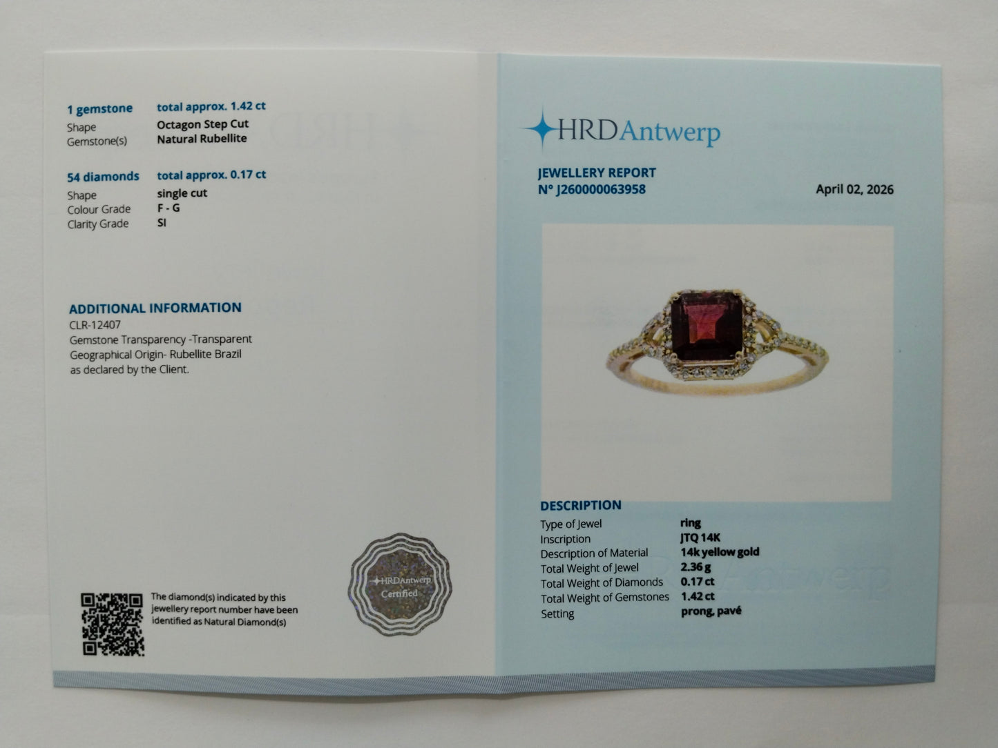 1.59 Ct Octagon Step Cut Natural Rubellite 14K Gold Ring