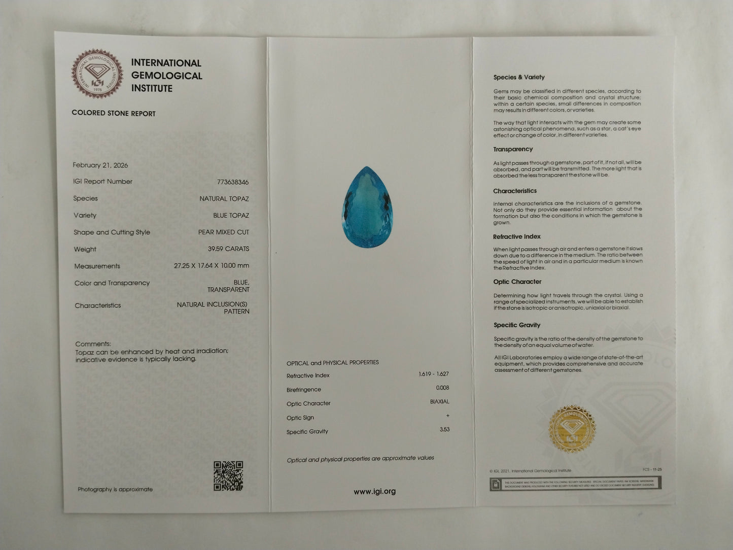 39.59 Natural Blue Topaz Pear Mixed Cut Gemstone