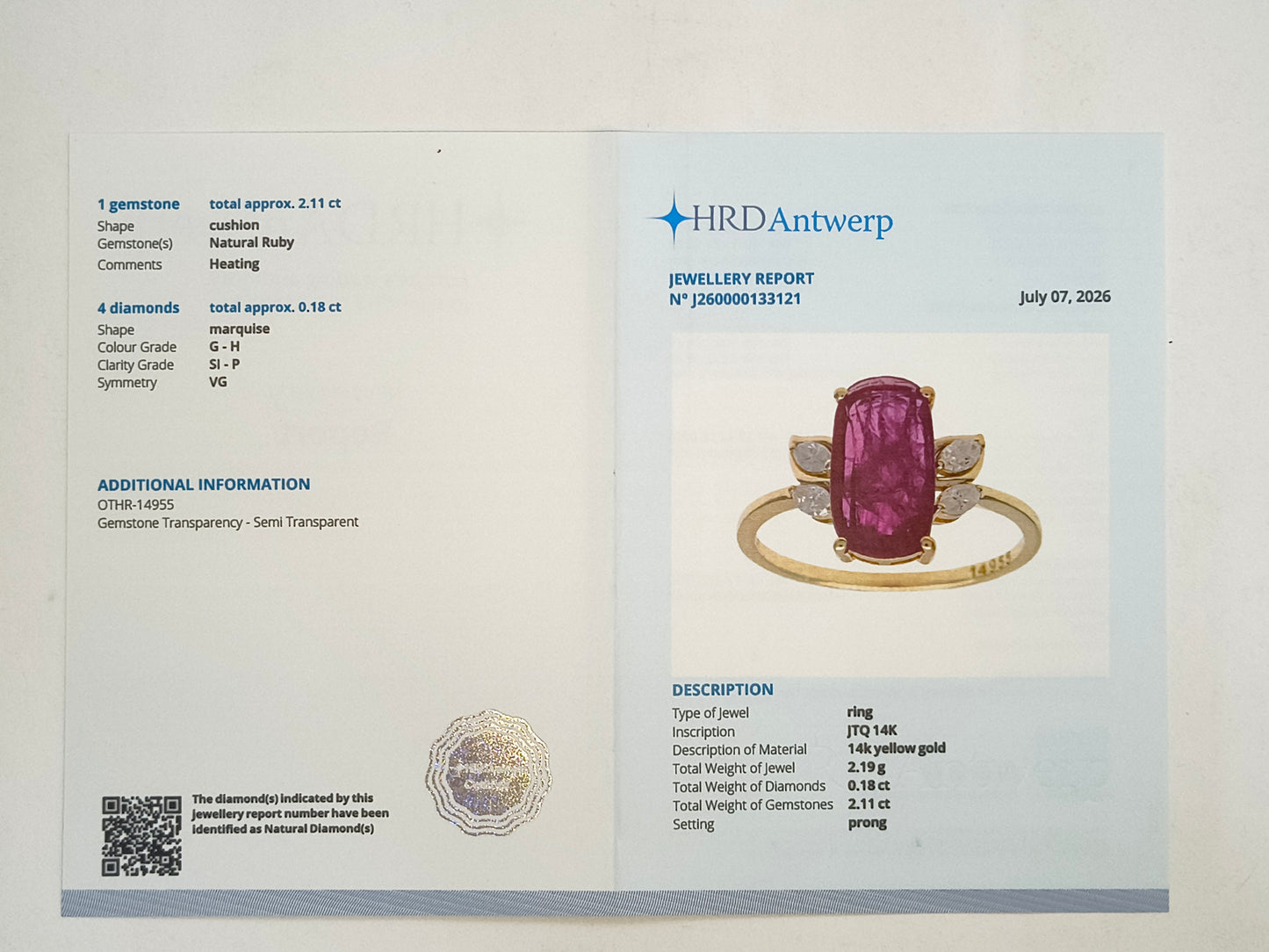 2.29 Ct Cushion Natural Ruby 14K Gold Ring