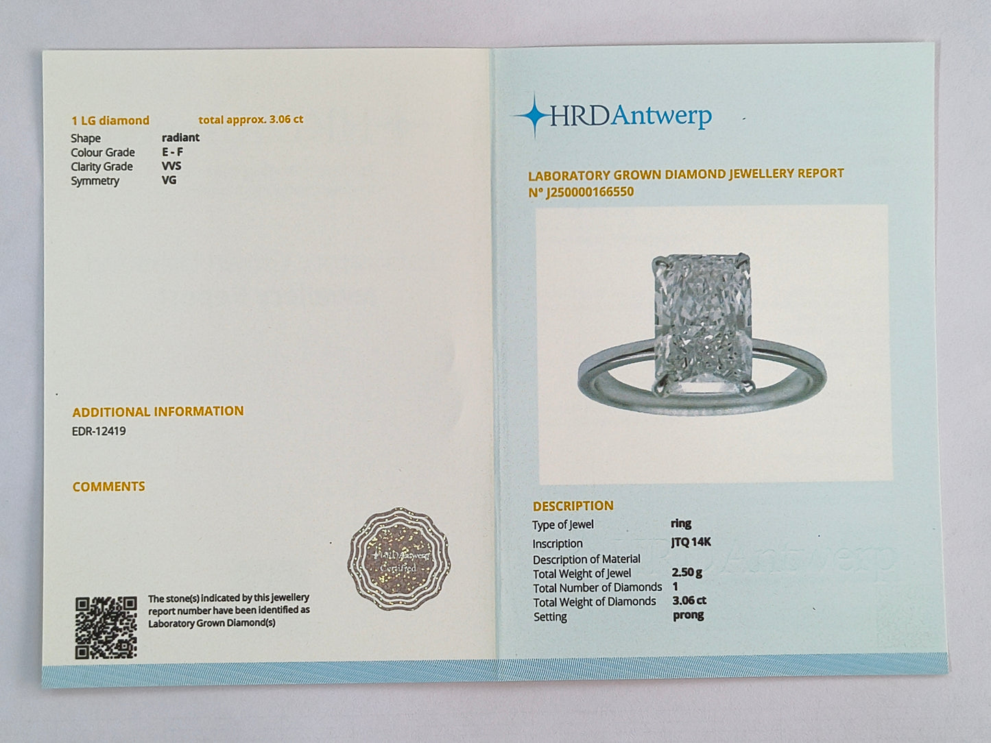 3.06 Carats Lab Grown Diamond 14K Gold Ring