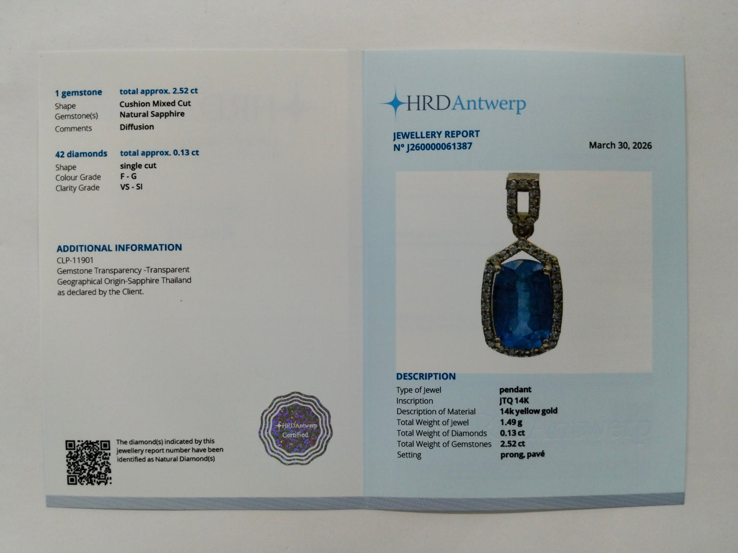 2.65 Ct Cushion Mixed Cut Natural Sapphire 14K Gold Pendant