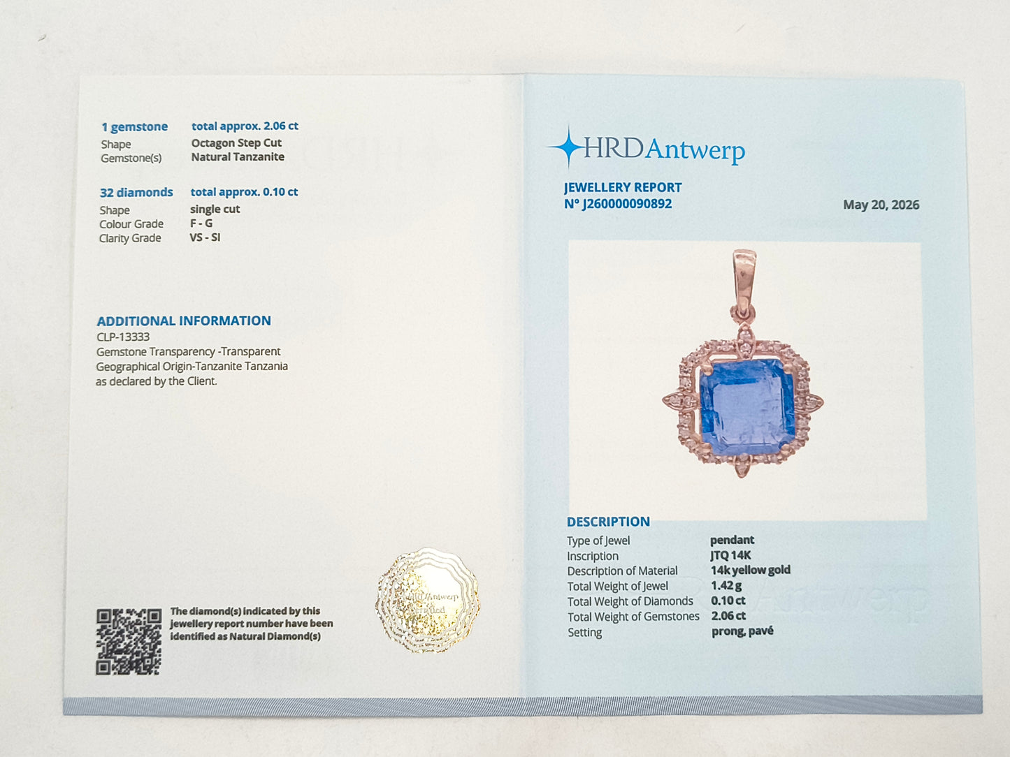 2.16 Ct Octagon Tanzanite 14K Gold Pendant