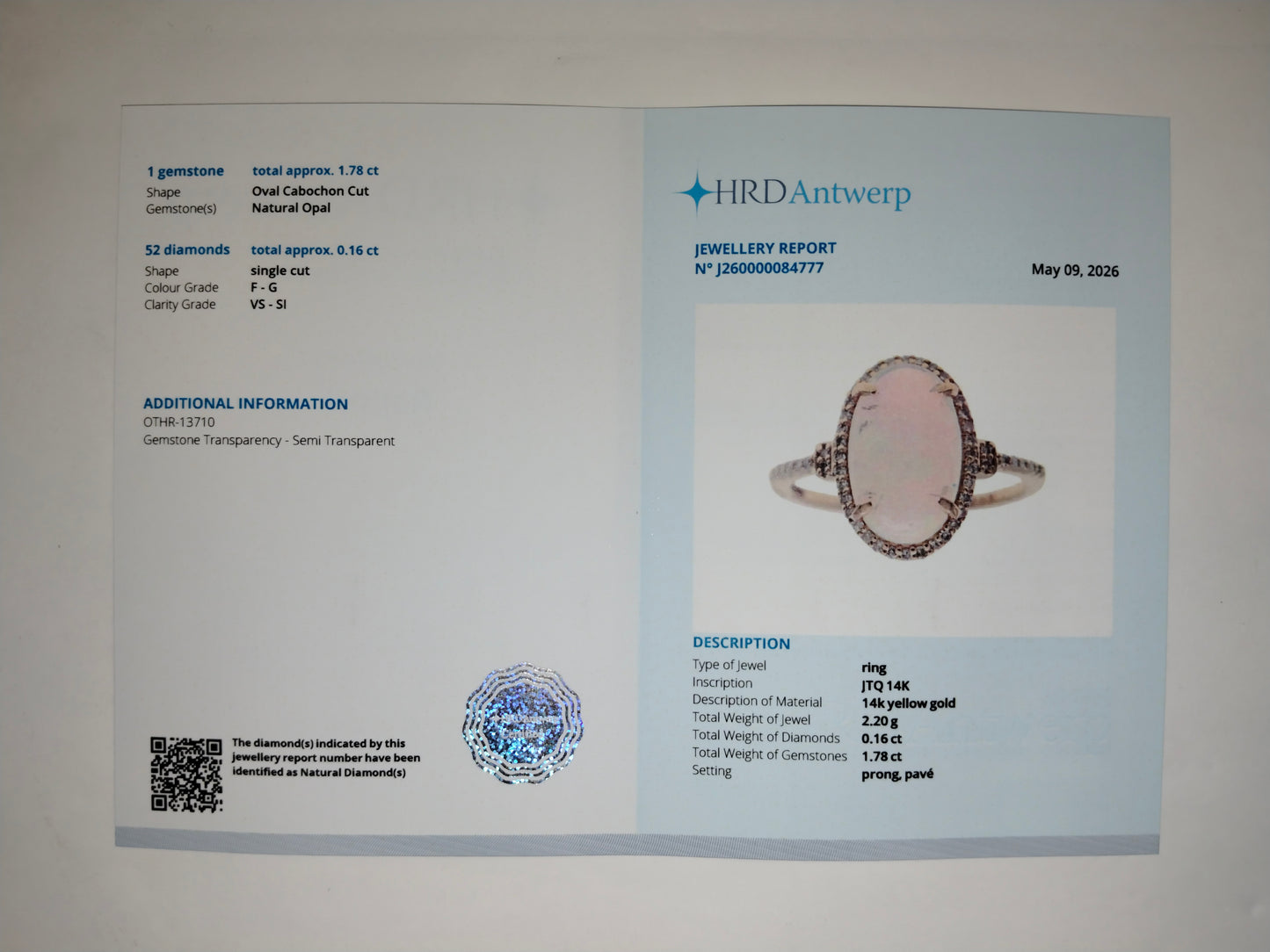 1.81 Ct Oval Cabochon Cut Natural Opal 14K Gold Ring