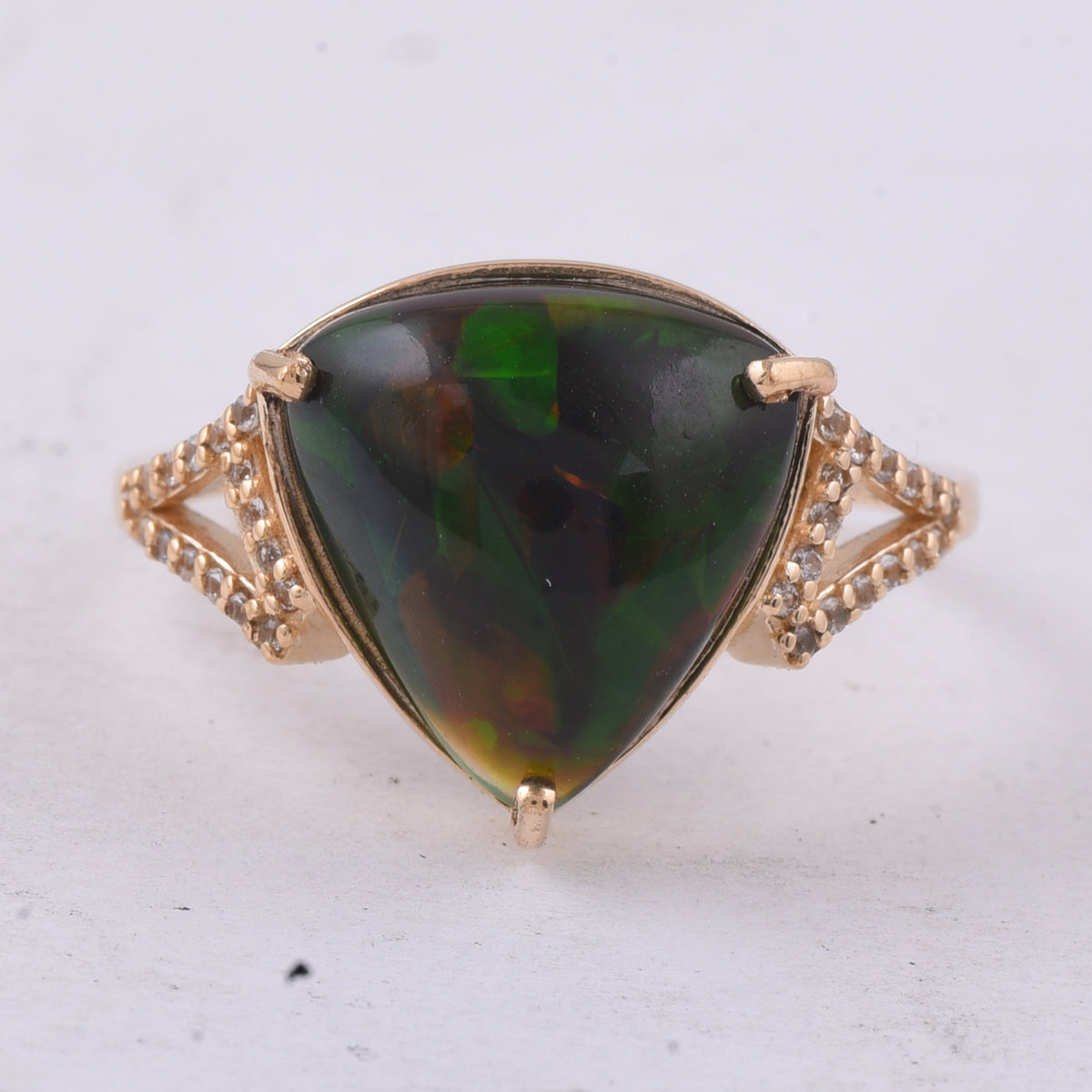 3.40 Ct Triangle Cabochon Natural Black Opal 14K Gold Ring