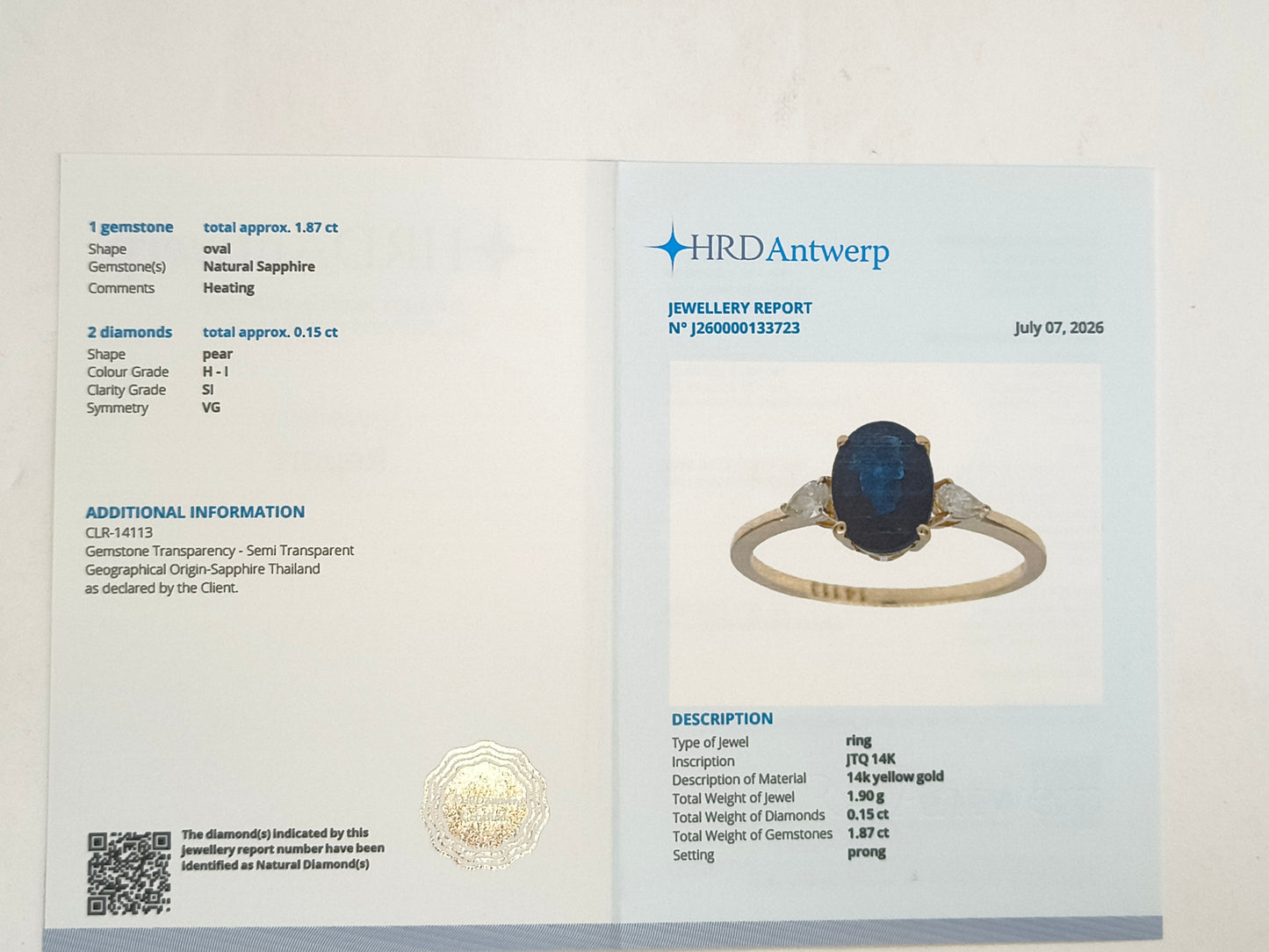 2.02 Ct Oval Natural Sapphire 14K Gold Ring