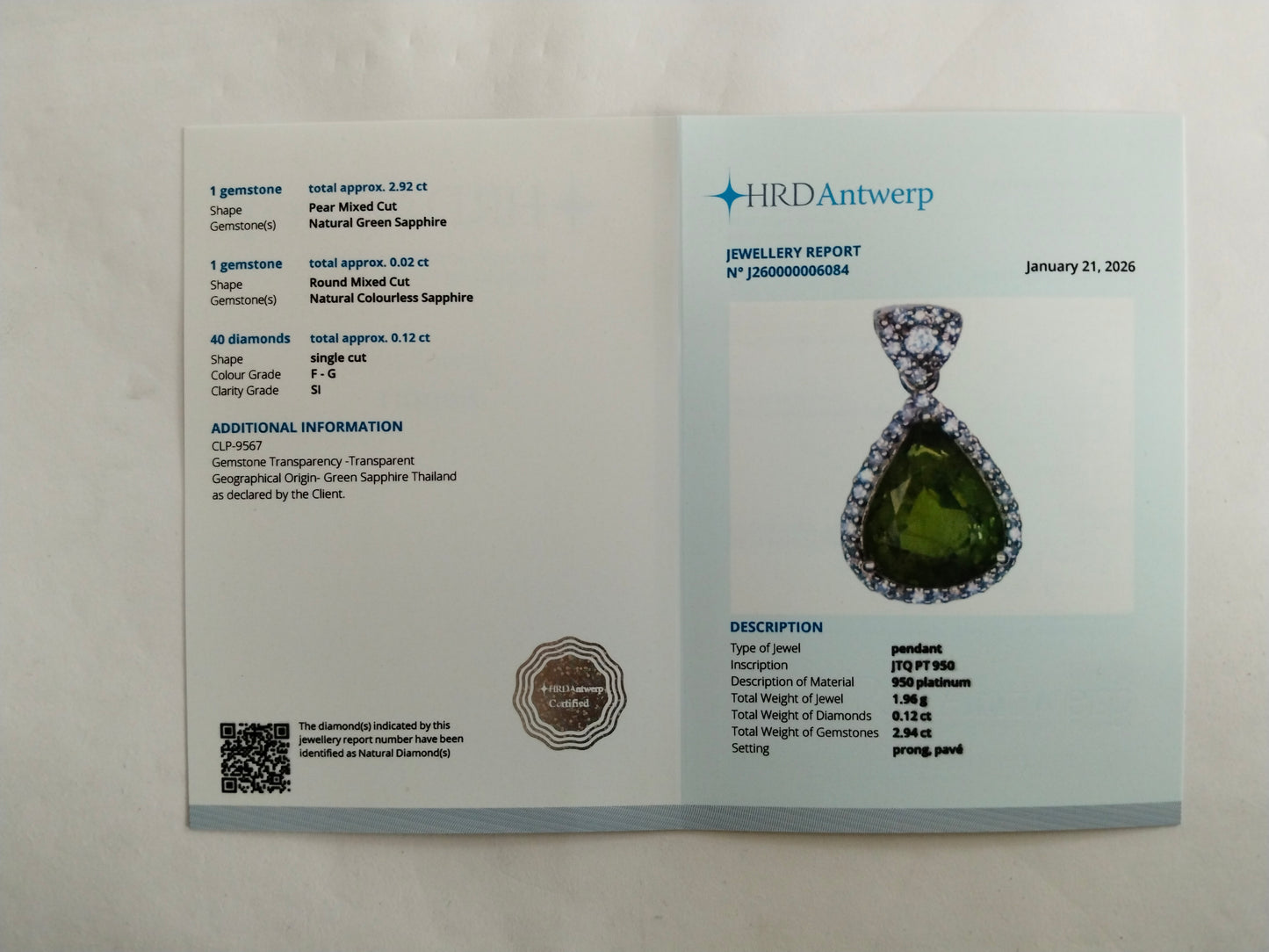 3.06 Ct Pear Mixed Cut Natural Green Sapphire 950 Platinum Pendant