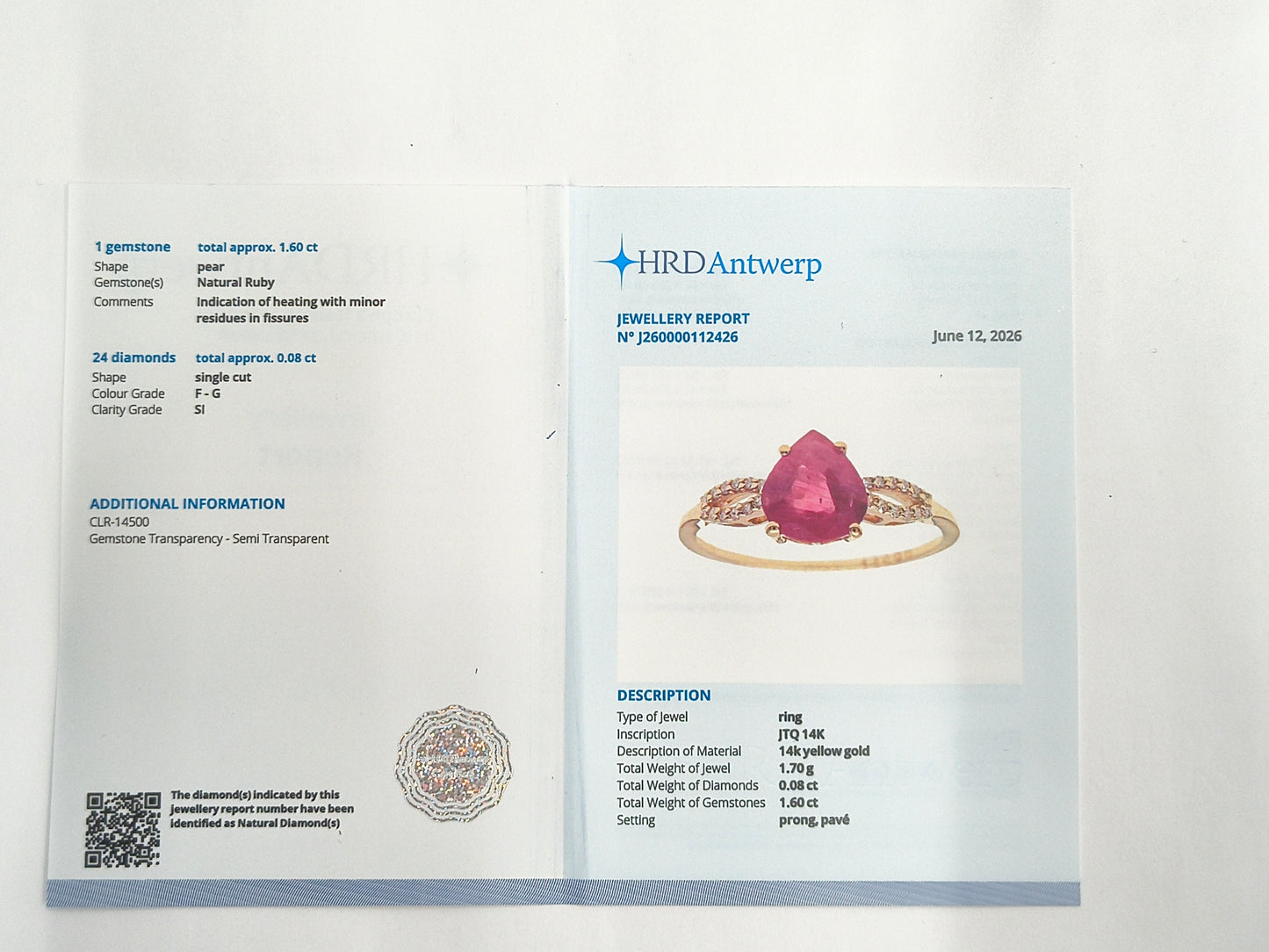 1.68 Ct Pear Natural Ruby 14K Gold Ring