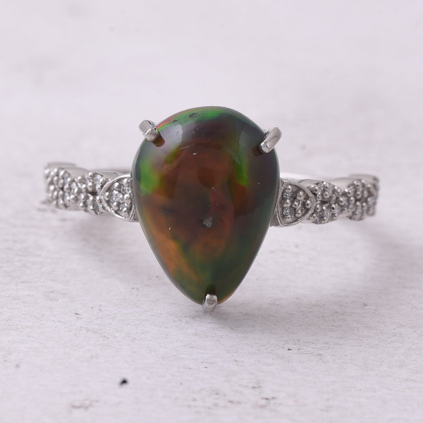 3.19 Ct Pear Cabochon Natural Black Opal 950 Platinum Ring