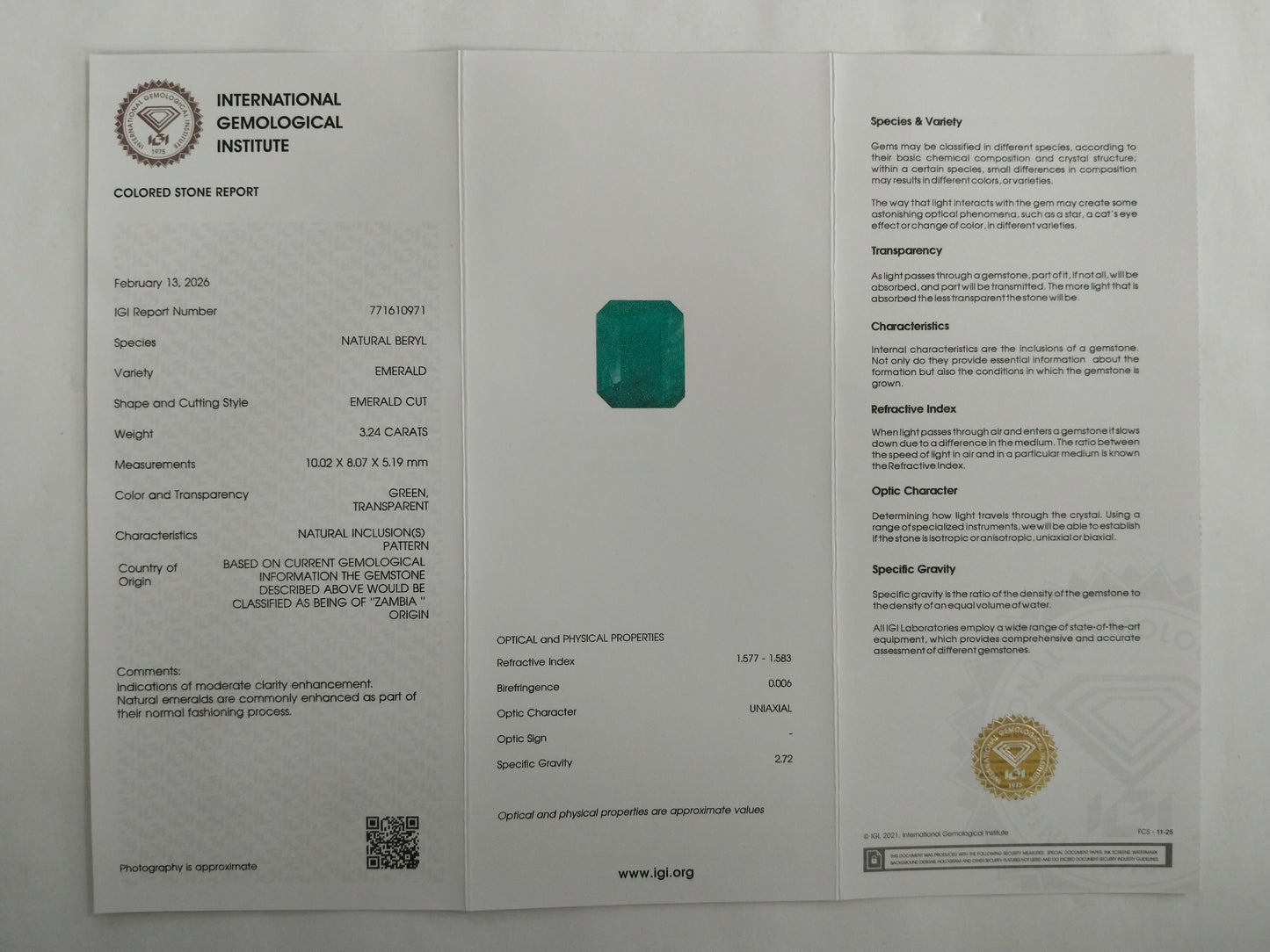 3.24 Natural Beryl Emerald Emerald Cut Gemstone