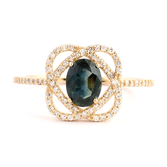 1.07 Ct Oval Mixed Cut Natural Corunum Green Sapphire 14K Gold Ring