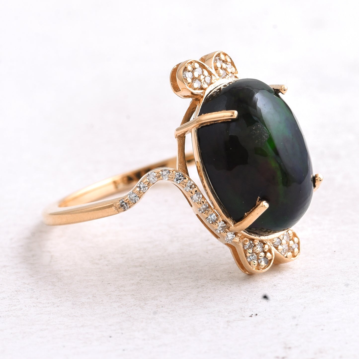 3.18 Ct Oval Cabochon Cut Natural Black Opal 14K Gold Ring