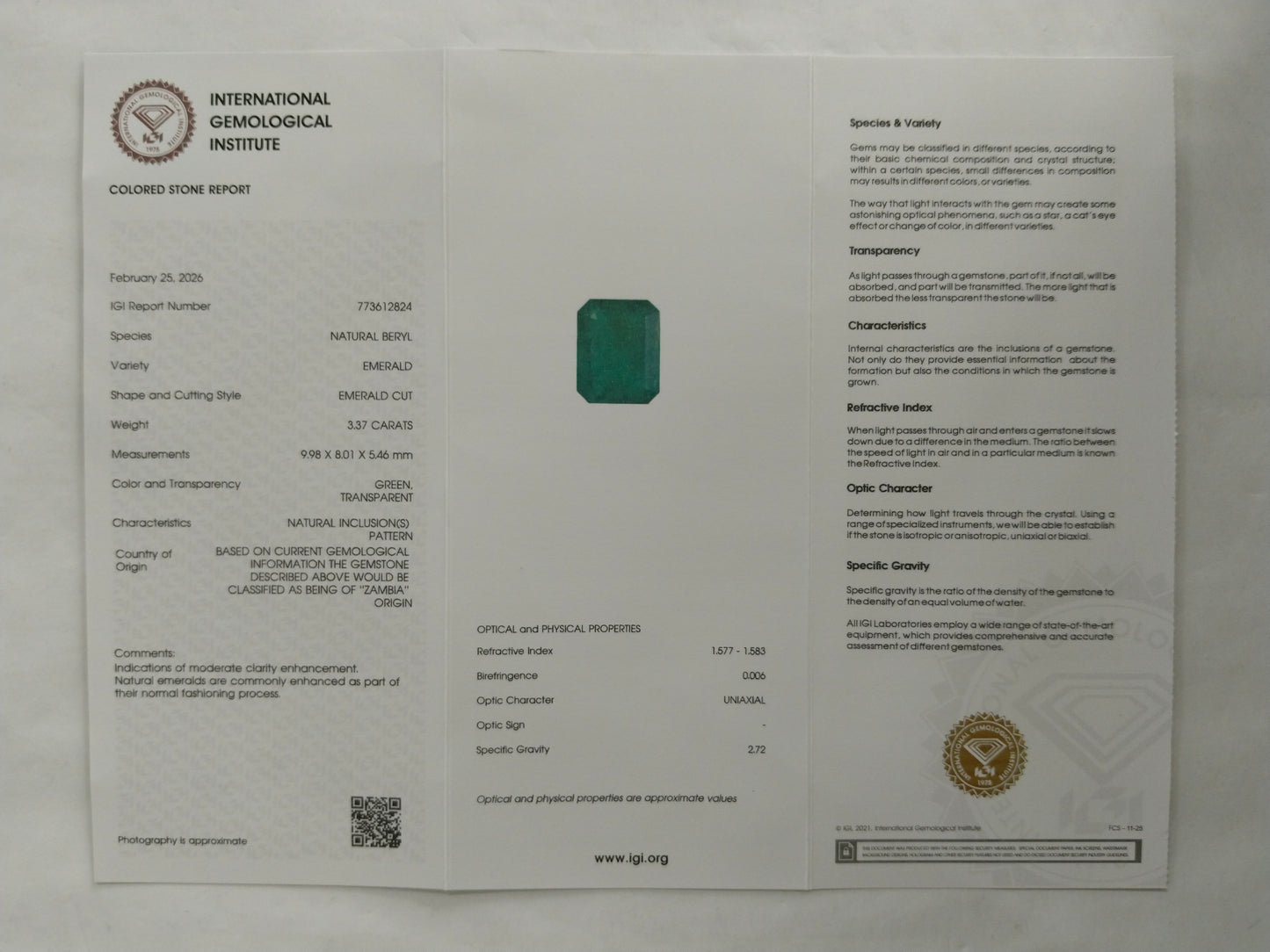 3.37 Natural Beryl Emerald Emerald Cut Gemstone