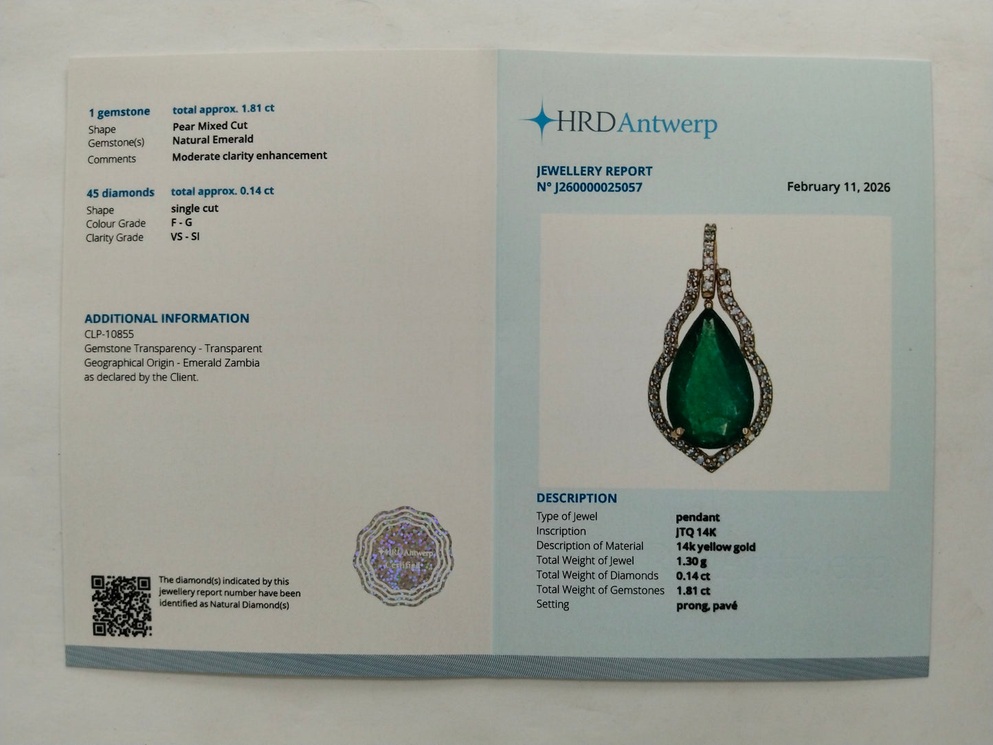 1.95 Ct Pear Mixed Cut Natural Emerald 14K Gold Pendant