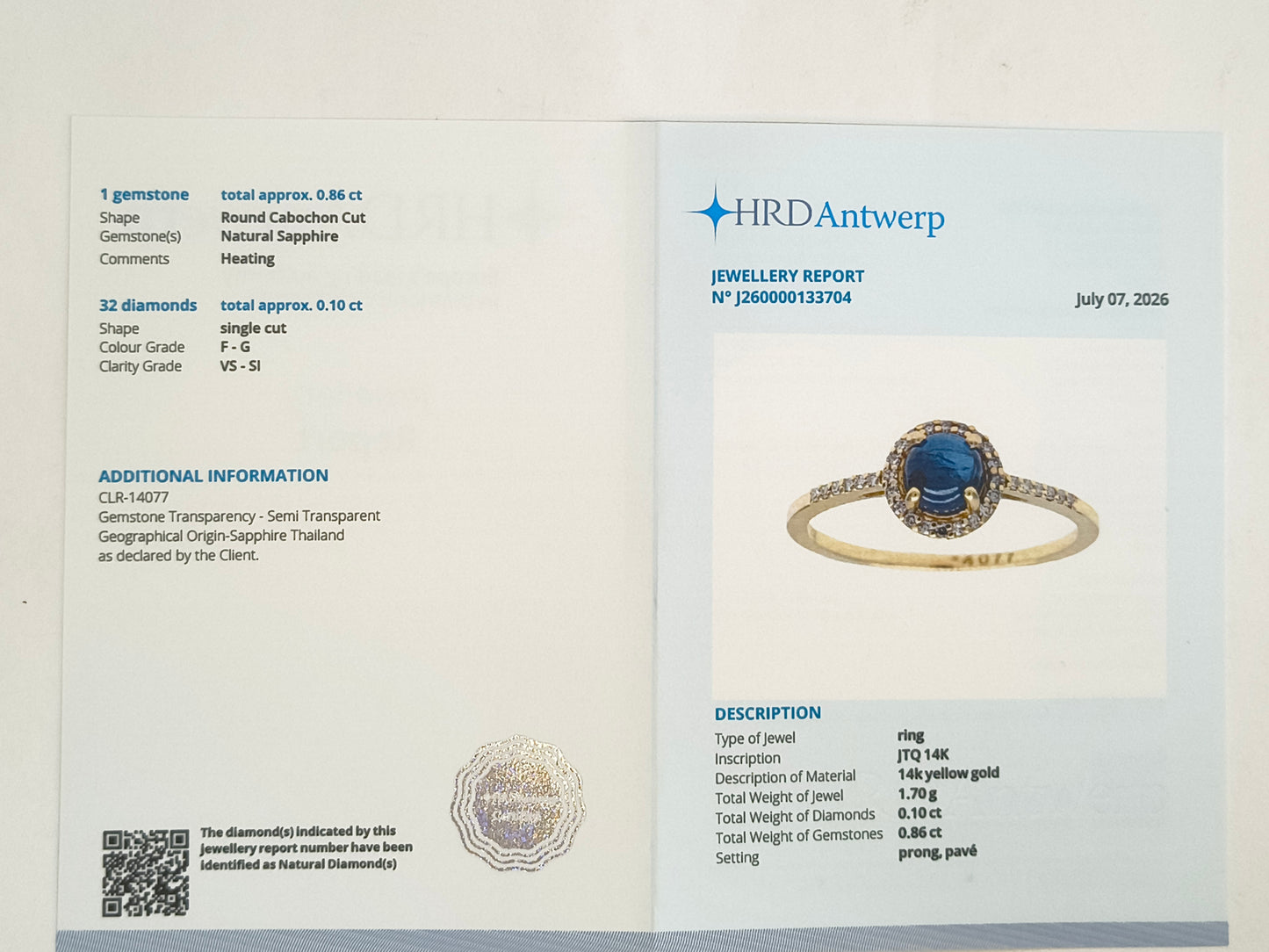 0.96 Ct Round Cabochon Cut Natural Sapphire 14K Gold Ring