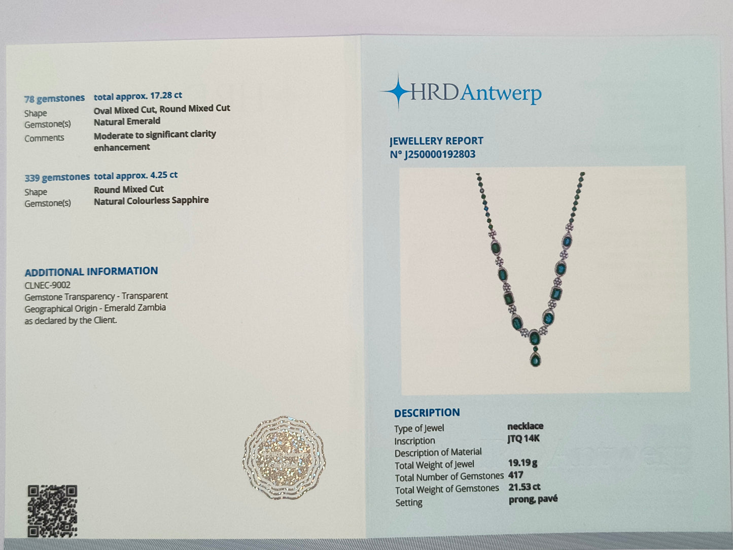 21.53 Ct Natural Emerald 14K Gold Necklace