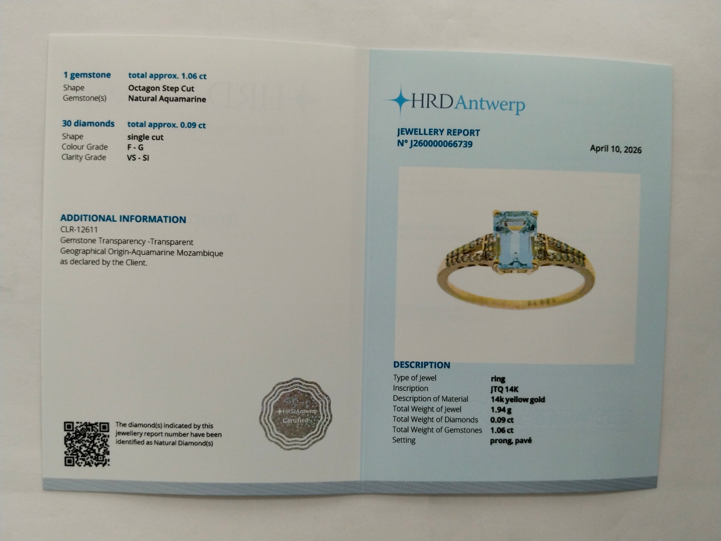 1.15 Ct Octagon Step Cut Natural Aquamarine 14K Gold Ring
