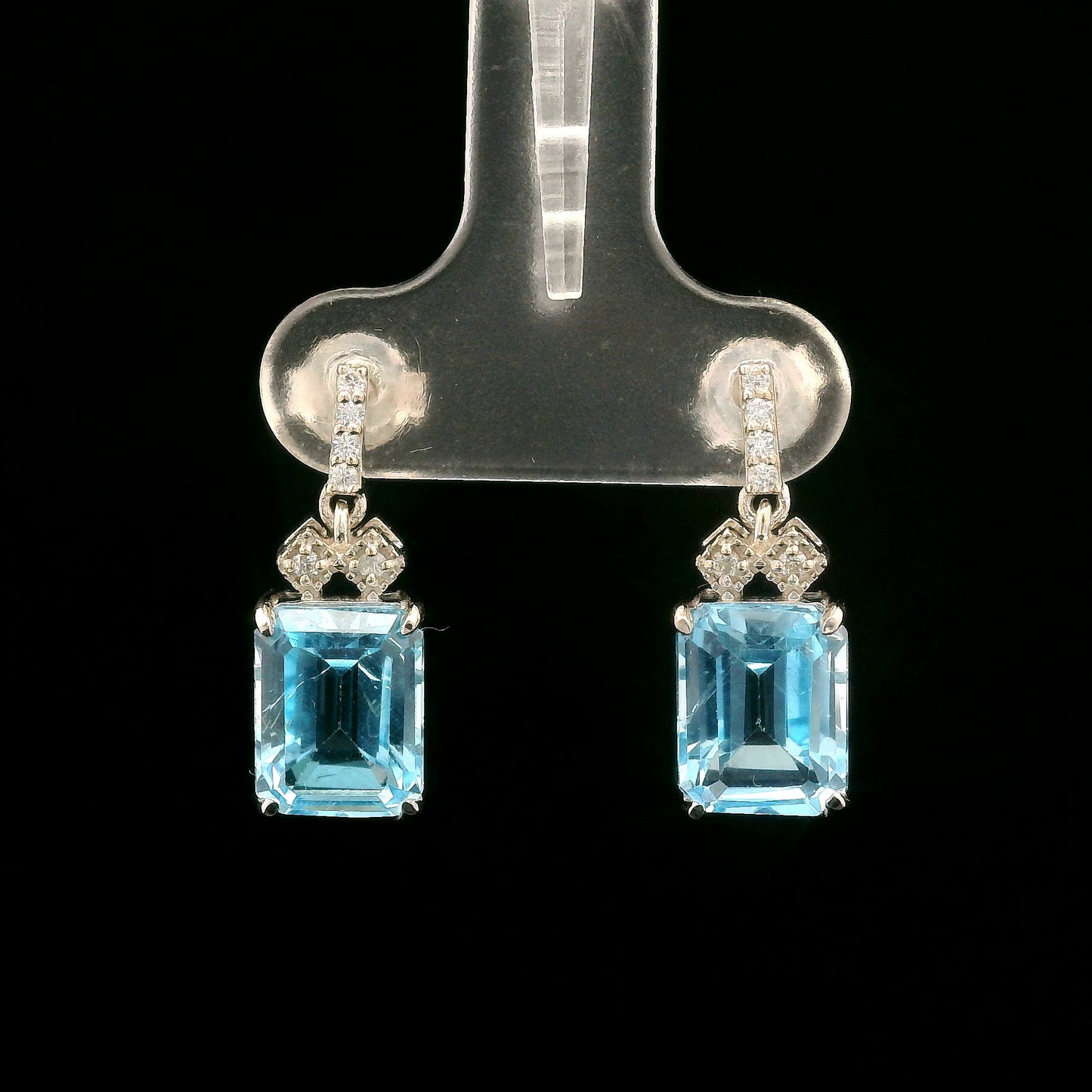 5.90 Ct Octagon Blue Topaz, White Zircon 925 Sterling Silver Earrings