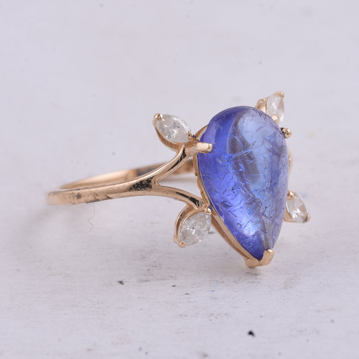 2.72 Ct Pear Cabochon Natural Tanzanite 14K Gold Ring