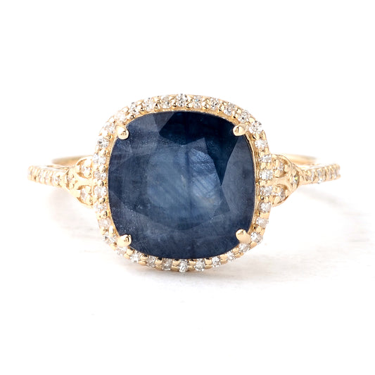4.51 Ct Cushion Mixed Cut Natural Corundum Sapphire 14K Gold Ring
