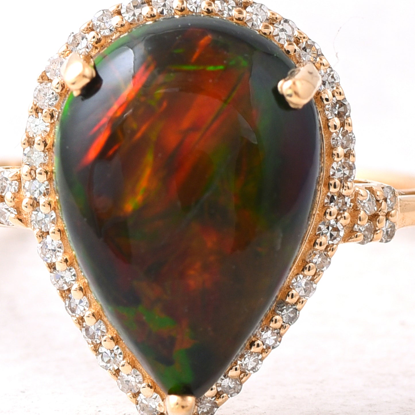 2.69 Ct Pear Cabochon Natural Black Opal 14K Gold Ring