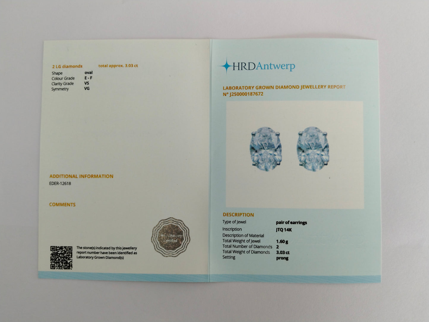 3.03 Carats Lab Grown Diamond 14K Gold Earrings