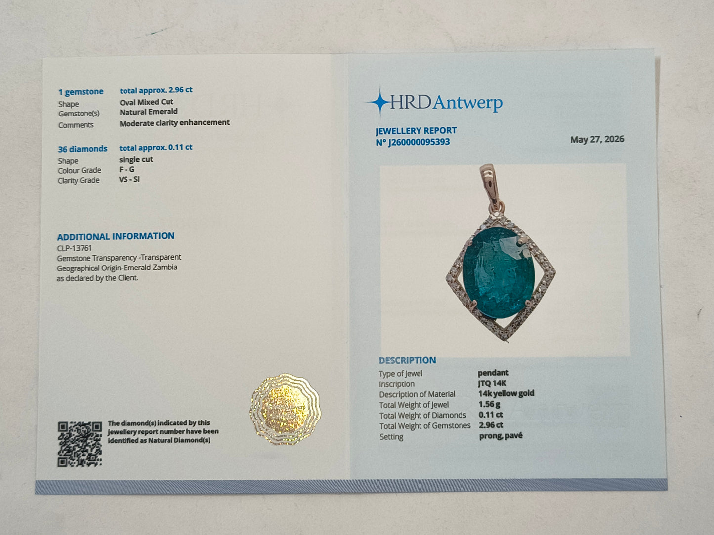 3.07 Ct Oval Mixed Cut Natural Emerald 14K Gold Pendant
