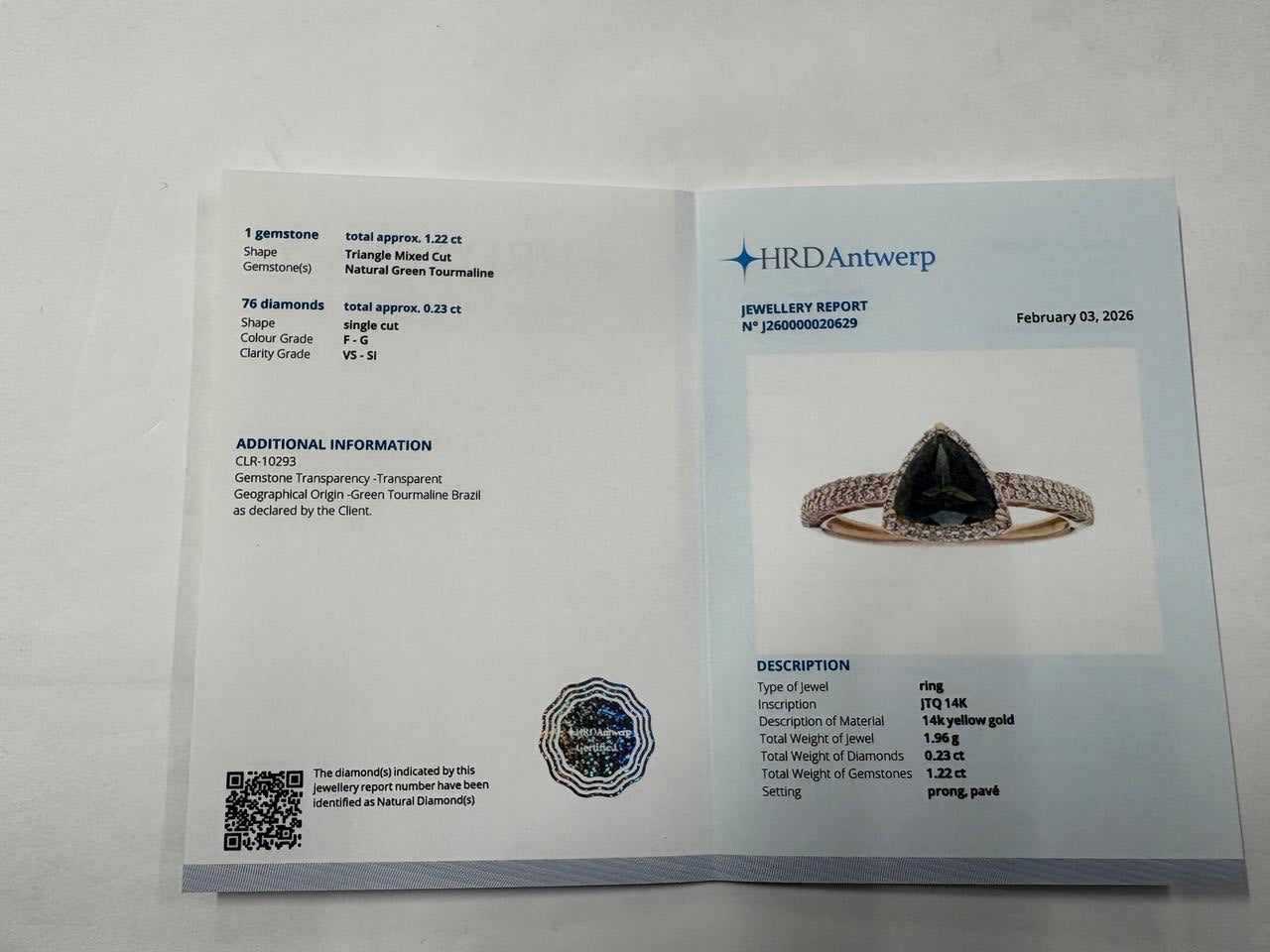 1.45 Ct Triangle Mixed Cut Natural Green Tourmaline 14K Gold Ring