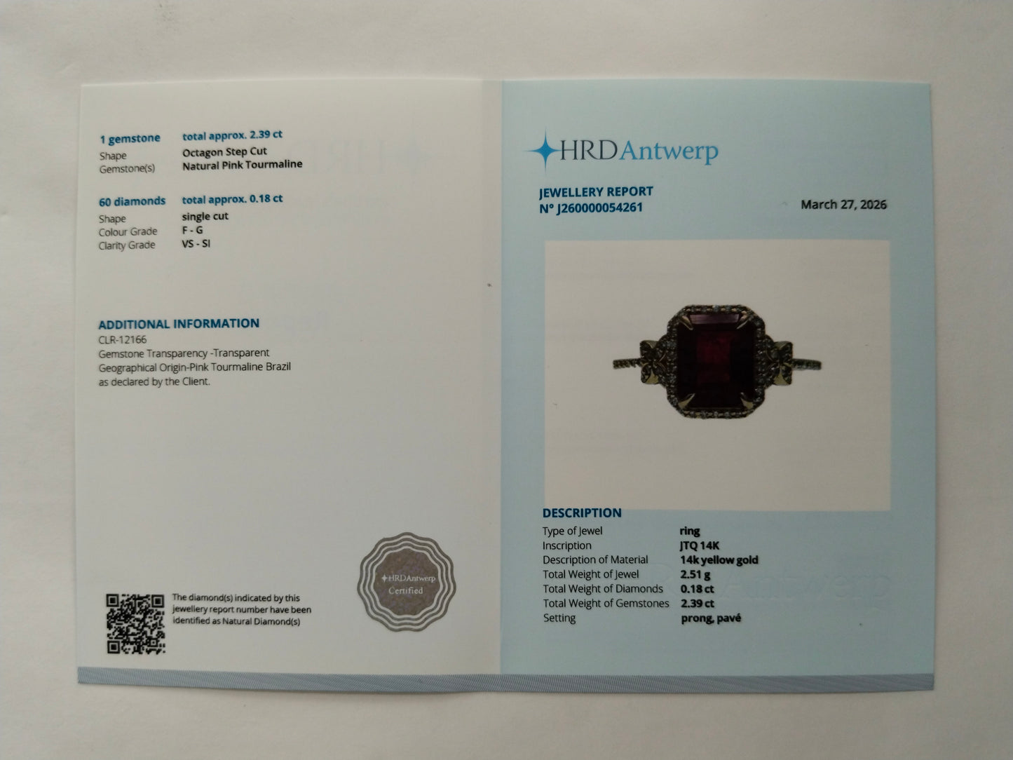 2.57 Ct Octagon Step Cut Natural Pink Tourmaline 14K Gold Ring