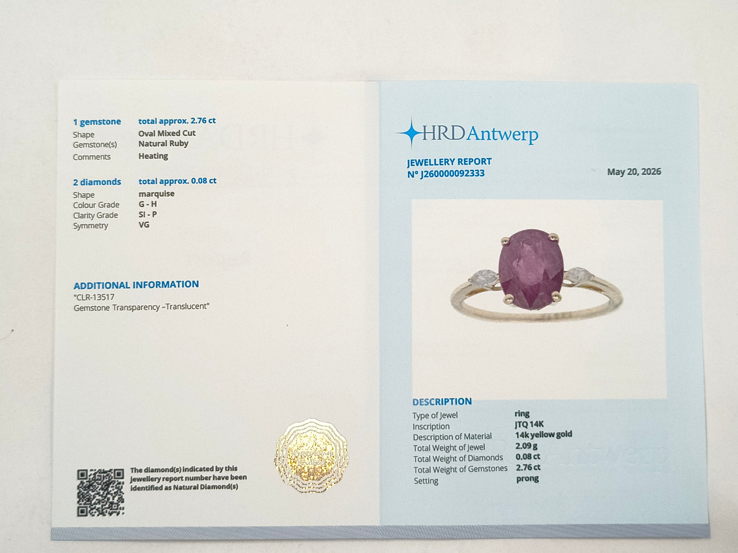 2.84 Ct Oval Ruby 14K Gold Ring