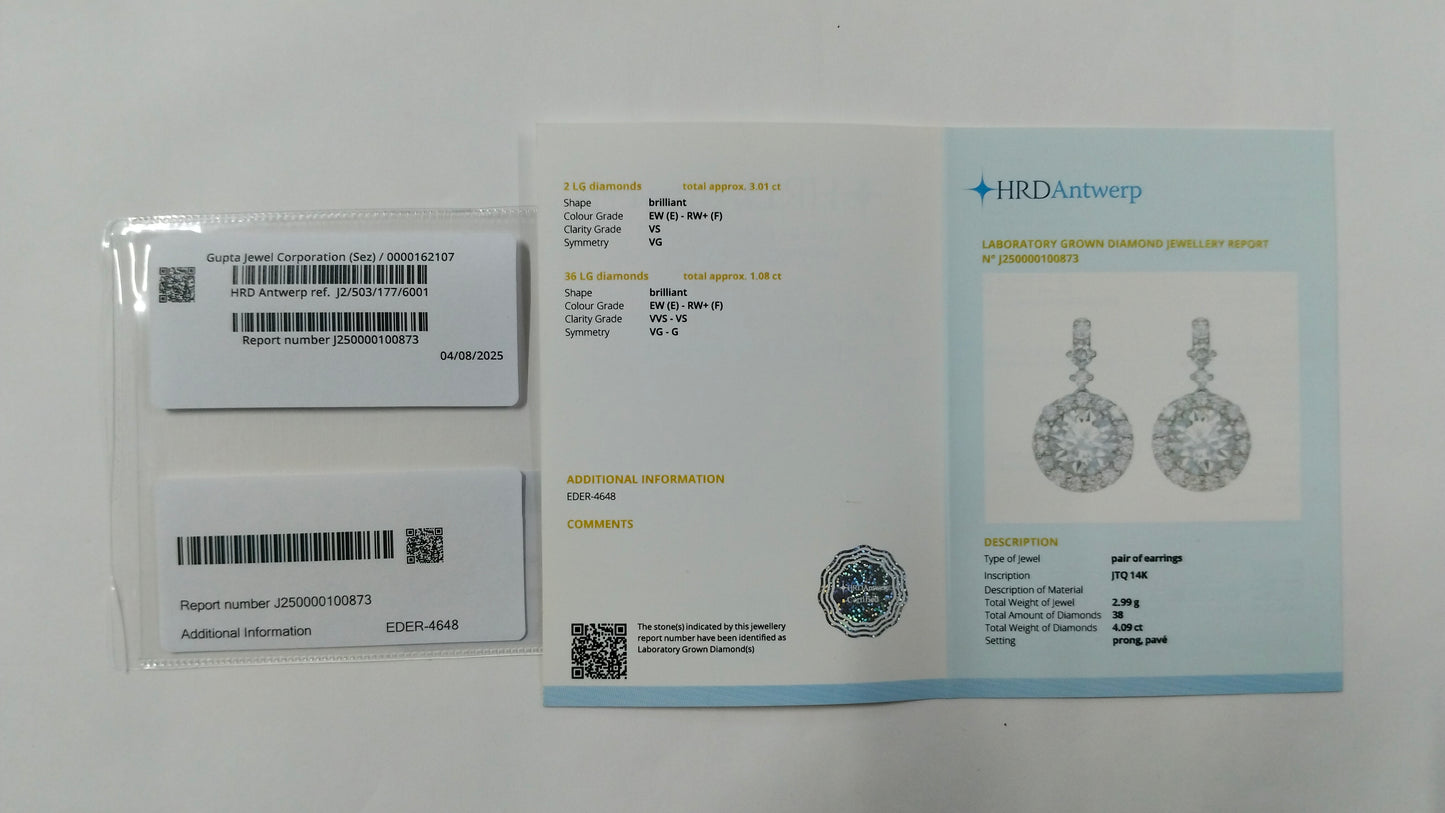 4.09 Carats Lab Grown Diamond 14K Gold Earrings