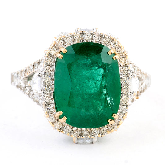 6.47 Ct Cushion Mixed Cut Natural Beryl Emerald 14K Gold Ring