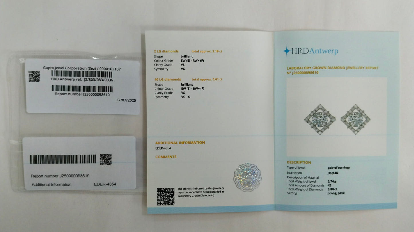 3.80 Carats Lab Grown Diamond 14K Gold Earrings