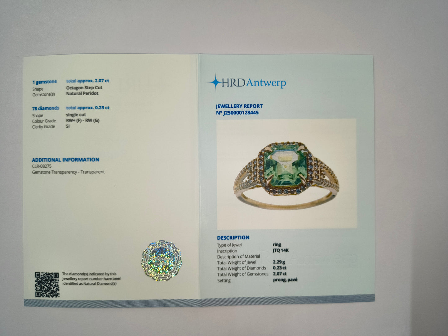 2.30 Ct Octagon Natural Eridot 14K Gold Ring