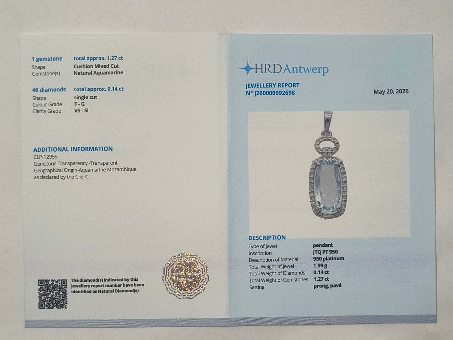 1.41 Ct Cushion Aquamarine 950 Platinum Pendant