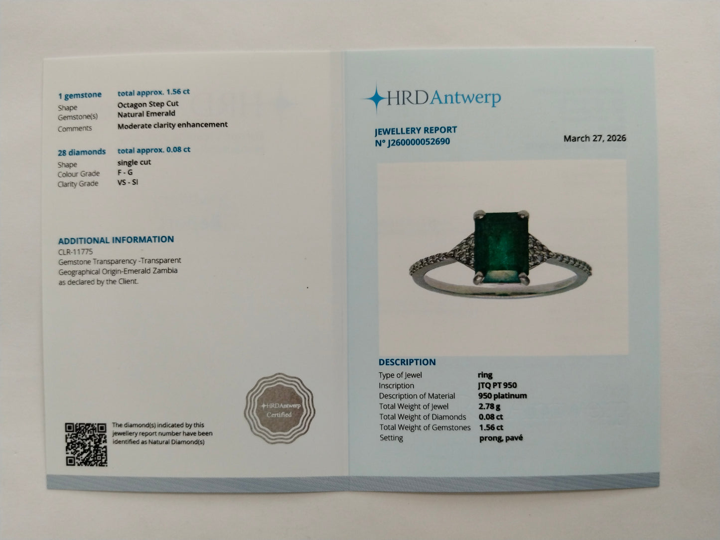 1.64 Ct Octagon Step Cut Natural Emerald 950 Platinum Ring