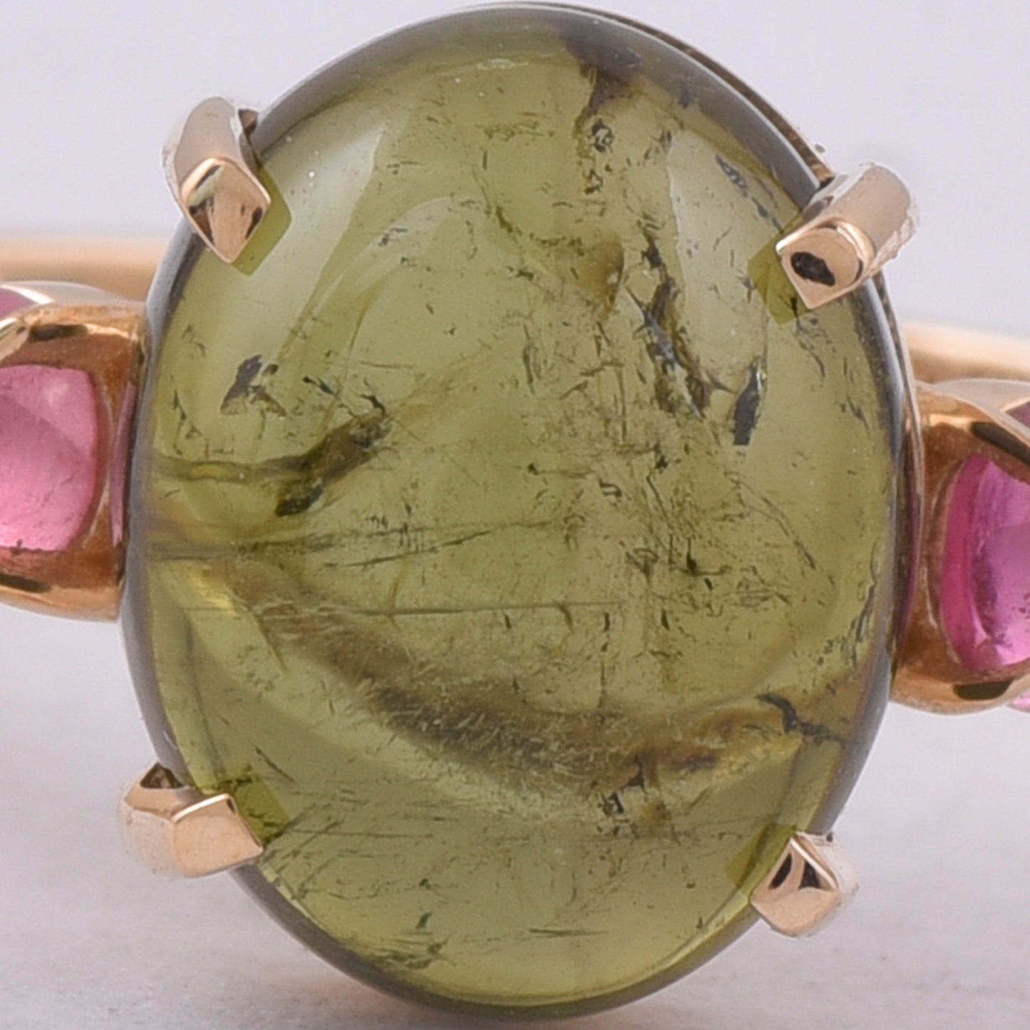 4.39 Ct Oval Cabochon Cut, Round Cabochon Cut Natural Multi-Coloured Tourmaline 14K Gold Ring