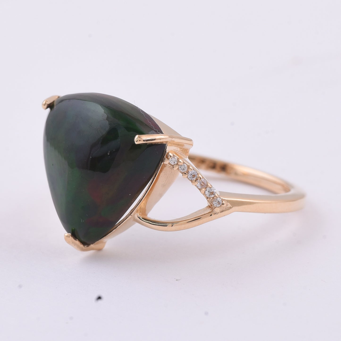 3.65 Ct Triangle Cabochon Natural Black Opal 14K Gold Ring