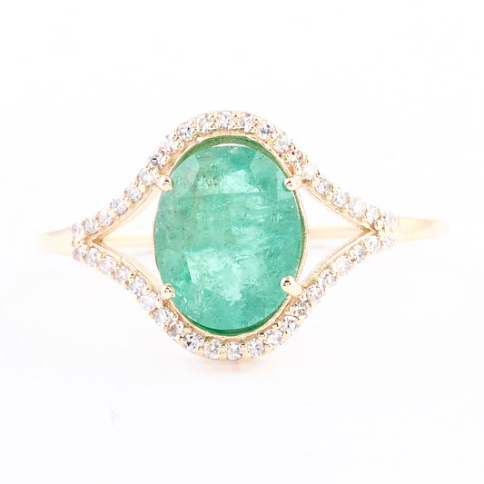 1.87 Ct Oval Mixed Cut Natural Beryl Emerald 14K Gold Ring