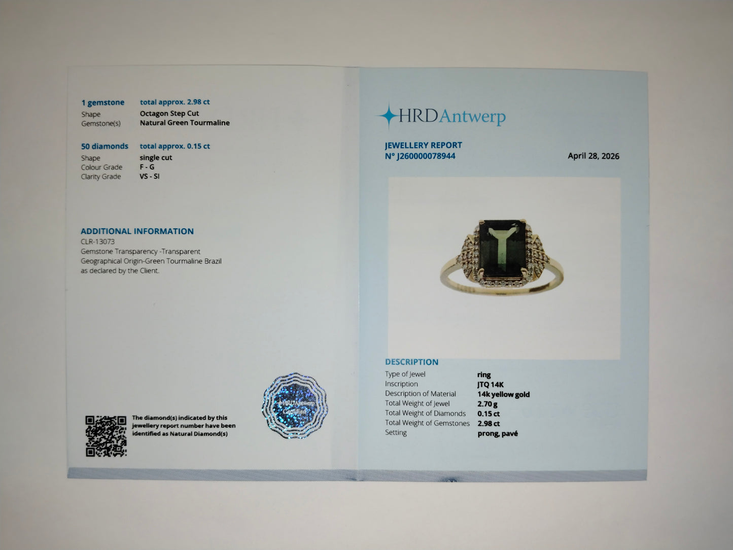 3.13 Ct Octagon Step Cut Natural Green Tourmaline 14K Gold Ring