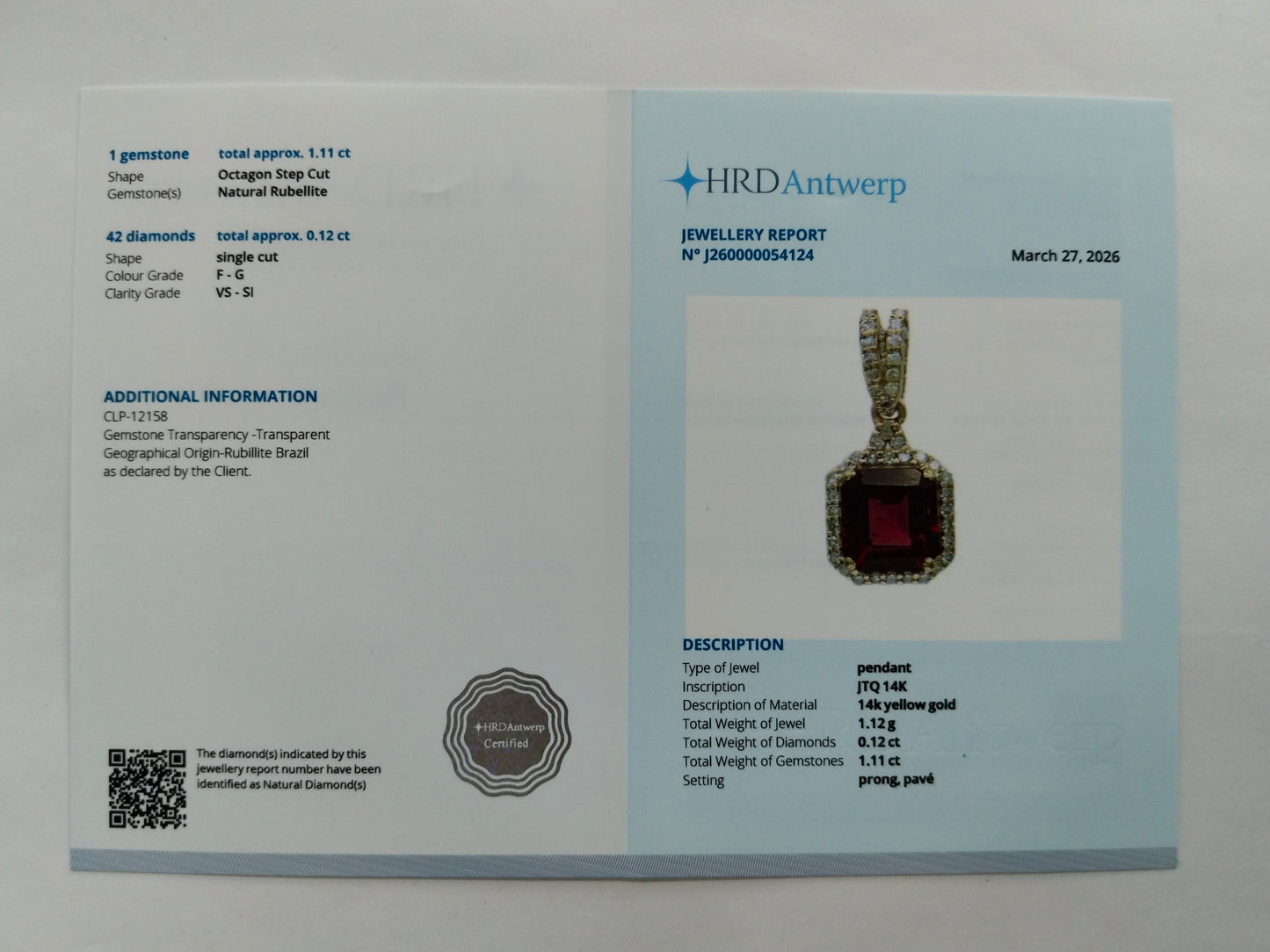 1.23 Ct Octagon Step Cut Natural Rubellite 14K Gold Pendant