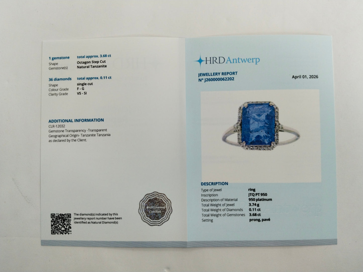 3.79 Ct Octagon Step Cut Natural Tanzanite 950 Platinum Ring