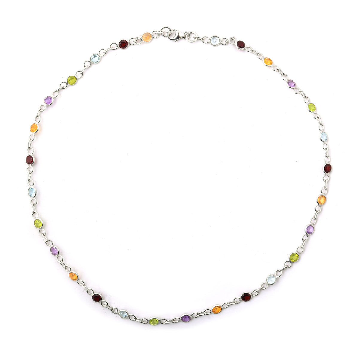 7.77 Ct Round Garnet, Peridot, Blue Topaz, Citrine, Amethyst 925 Sterling Silver Necklace