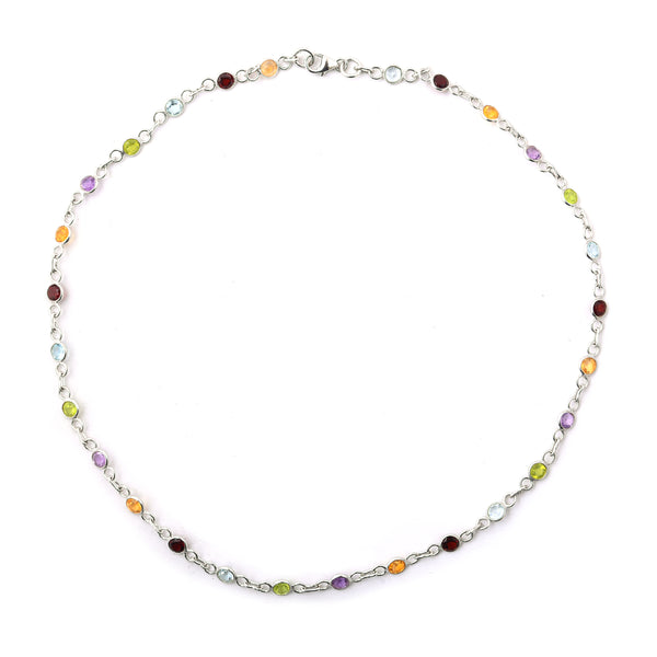 7.77 Ct Round Garnet, Peridot, Blue Topaz, Citrine, Amethyst 925 Sterling Silver Necklace